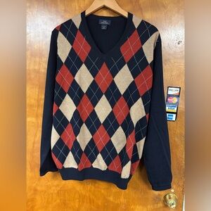 Brooks Brothers V-Neck Argyle Sweater - Black, Red, Tan